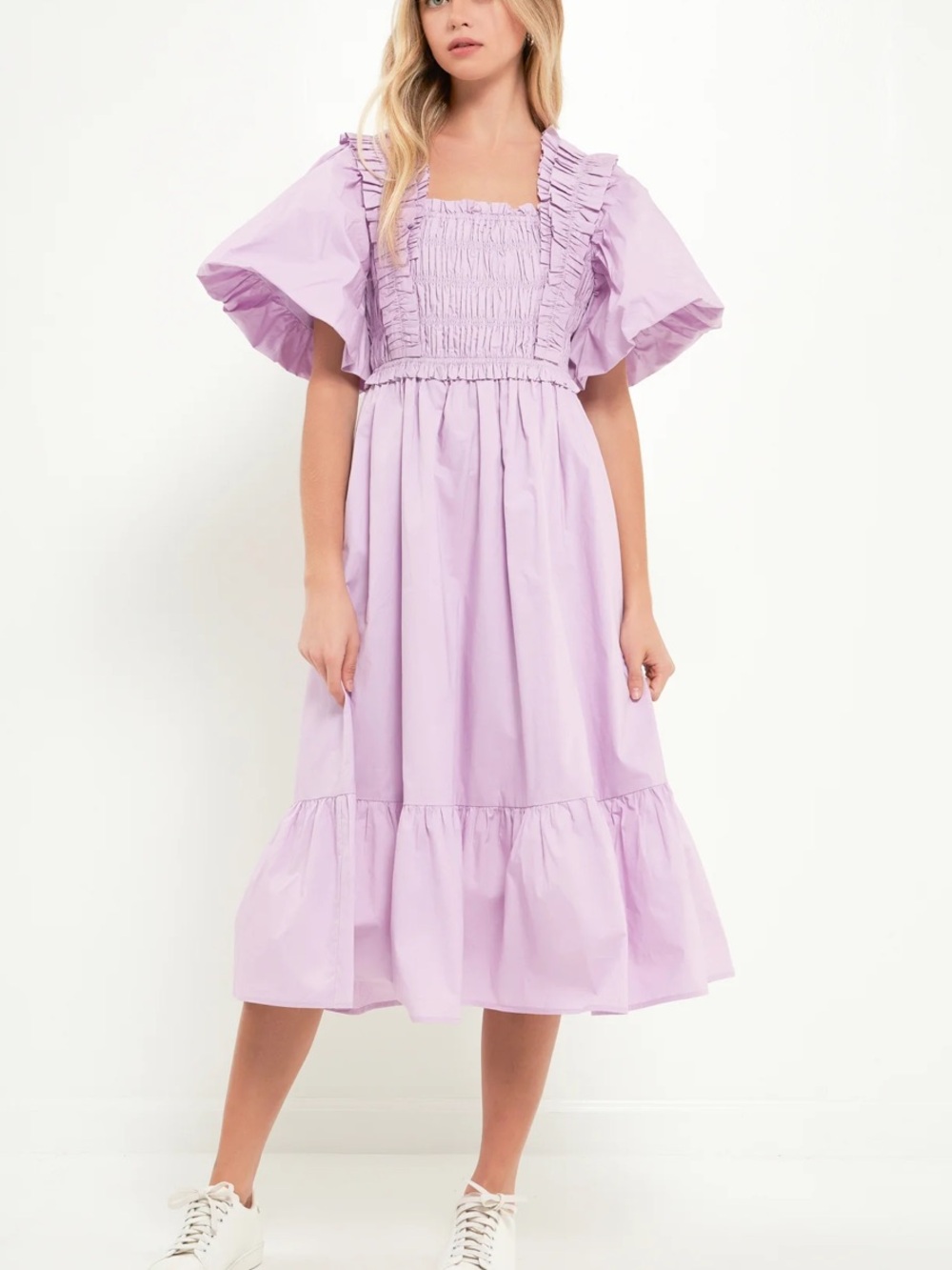 English Factory Puff Sleeve Square Neck Midi Dress Size Medium